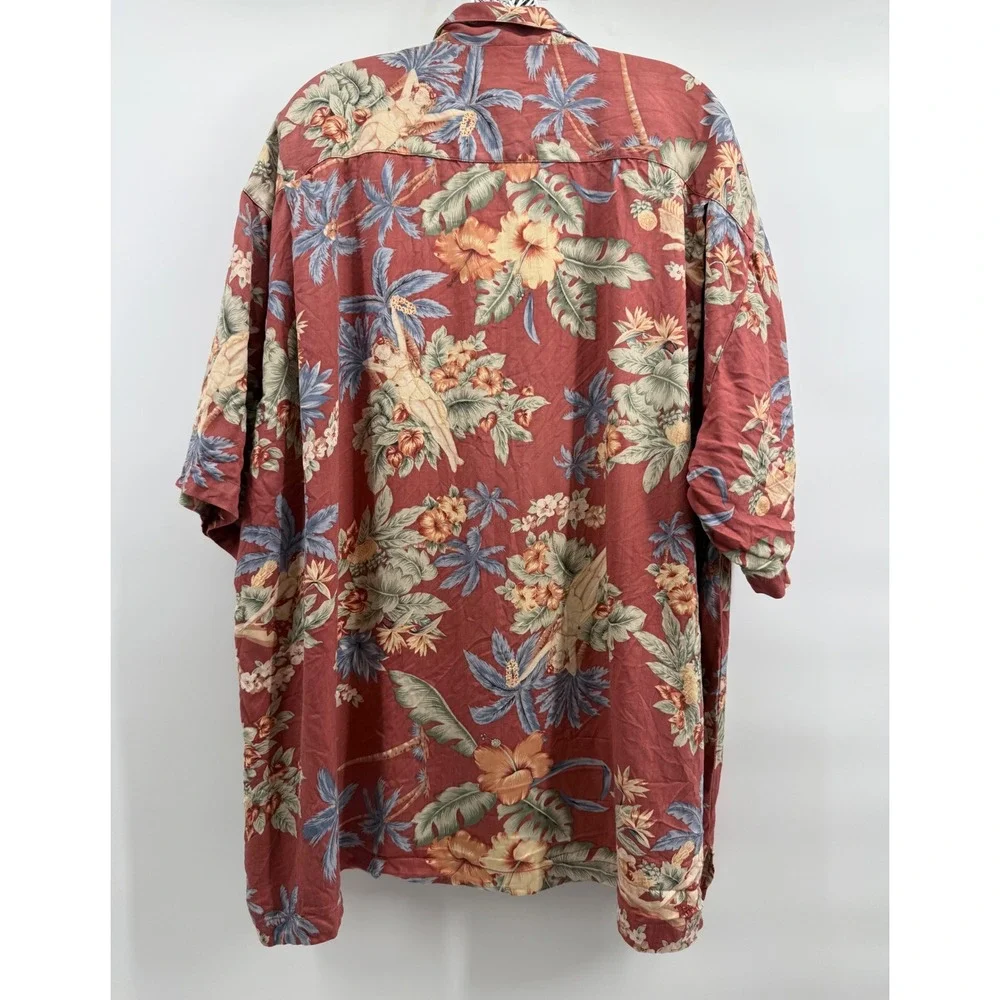 Tommy Bahama Mens XXL Red Silk Hula Girl Palm Tree Tropical Camp Shirt